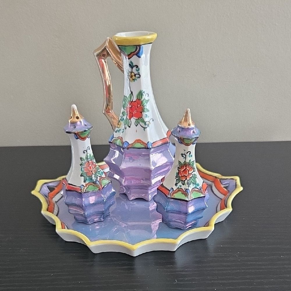 Vintage Japenese Salt, Pepper, Oil, and Tray Set
